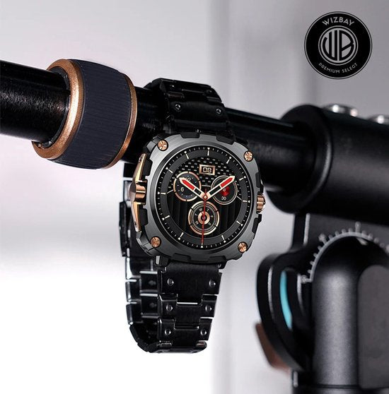 WizBay Premium Select® 1.43inch AMOLED Screen Smartwatch Dames Heren - Android en iOS - Bluetooth Call - 02 Zuurstof - Bloedruk - Dynamic Hartslag & Slaap Monitor - Message - Magnetic Laden - Smartwatches - Zwart met rvs Zwarte Band Rose Knoppen