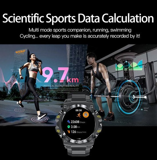 WizBay Premium Select® 1.39Inch Smartwatch Dames Heren - LED Flashlight - Android en iOS - Bluetooth Call - 02 Zuurstof - Bloedruk - Dynamic Hartslag & Slaap Monitor - Message - Magnetic Laden - Smartwatches - Zwart met Aubergine Siliconen Band