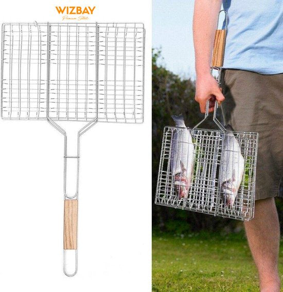 WizBay Premium Select® Barbecue rooster Grill Klem - Vis - Vlees - Groente - Visgrill - BBQ Rooster - Chroom en Hout Extra Groot 34.5x58cm