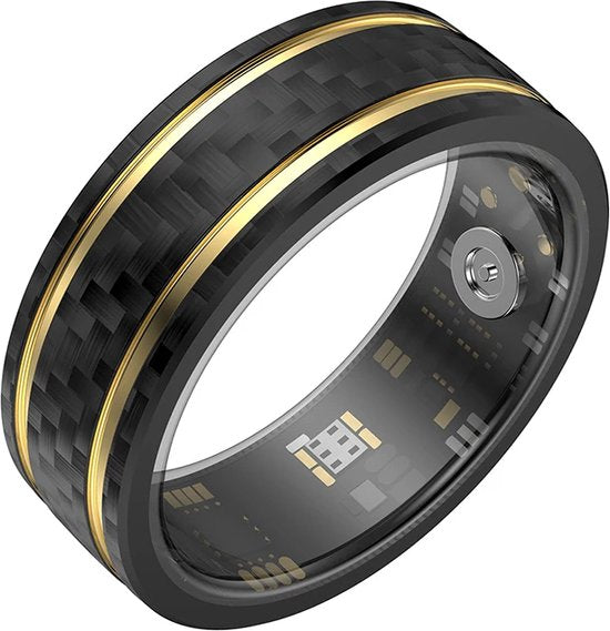 WizBay Premium Select® Aluminium Bi-Color Carbon Fiber Goud Smart Ring – Dames Heren – Oplaad Case - Hypoallergeen - Hartslag & Slaap Monitor - IP68 Waterdicht - O2 Meting - Gesture Functie - Multiple Sport Modi - Bi-Color Goud Zwart #08