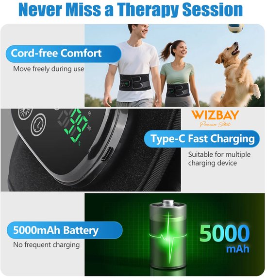 WizBay Premium Select® Roodlicht Therapie Riem - 660nm 850nm - 46 LED Beads - Vibratiemassage - Draadloos Oplaadbaar - 5000mAh - Blauw
