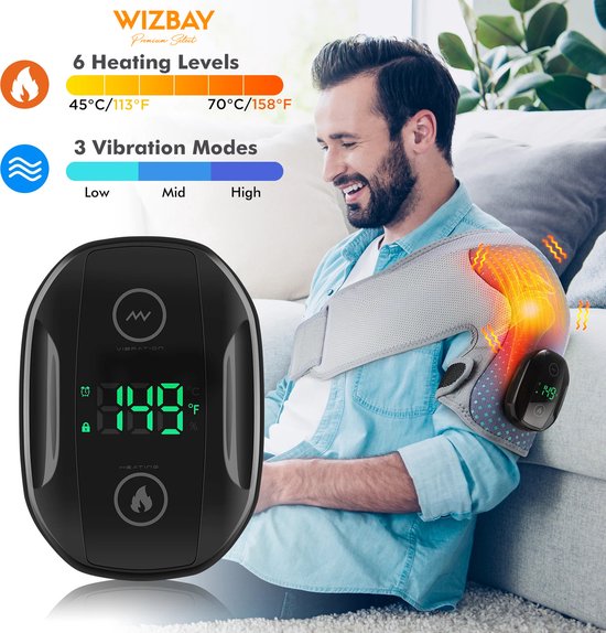 WizBay Premium Select® SchouderBrace - Massage 3 Standen Vibration en 6 Warmte - 3-Dimensionaal Soft Wrap Design - LED Tiptoets Computer - Zwart