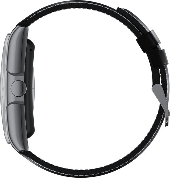 WizBay Premium Select® 2D Curved 1.77inch IPS Screen Elegante Smartwatch Dames Heren AMOLED - Android en iOS - Bluetooth Call - 02 Zuurstof - Dynamic Hartslag & Slaap Monitor - Message - Magnetic Laden - Smartwatches - Zilver Case Zwart Lederen Band