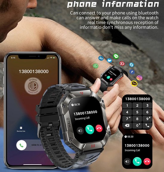 WizBay Premium Select® 2.0 inch HD TFT - Kompas, Altitude & Barometer, Meter - Bluetooth Bellen - Message - Dynamic Hartslag & Slaap Monitor - Bloeddruk & O2 - 100+ Sport Modi - 650mAh - Magnetic Laden - Zink Alloy Mat Grijze Kast - Zwart TPU Band