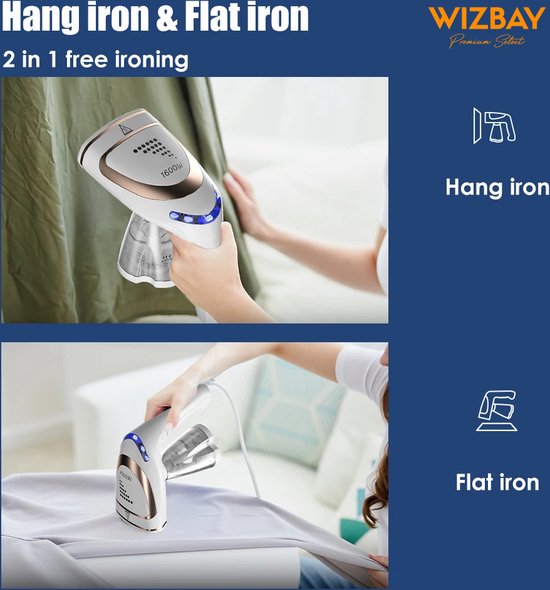 WizBay Premium Select® Kledingstomer incl 4 Opzetstukken - Opvouwbaar - 1600W Stoomapparaat met 250ml Reservoir - Luxe Kledingstomer - Handstomer - Stoomreiniger - Stoomapparaat Kleding