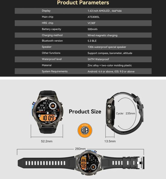 WizBay Premium Select® Smartwatch 1.43 AMOLED - Bellen - GPS - Altitude Luchtdruk Meter - Kompas -AI Voice Assist - Hart Monitor - O2 - Multi Sport Modi - Slaap - Message - Smartwatches - Zwarte Case - Zwarte TPU Band