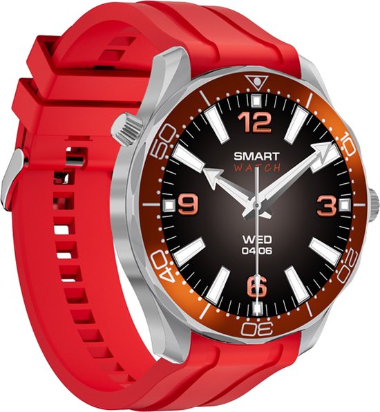 WizBay Premium Select® 1.53 inch HD TFT - Bluetooth Bellen - Message - Dynamic Hartslag & Slaap Monitor - Bloeddruk & Bloedzuurstofmeting - 100+ Sport Modi - 400mAh - Wireless Laden - Zilveren Case - RVS Zilver Band met Extra Oranje TPU Band