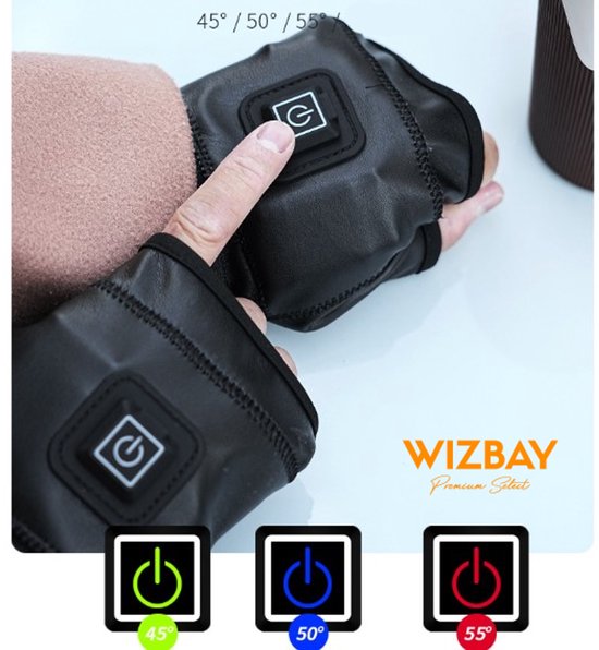 WizBay Premium Select® Elektrische Vingerloze Handschoenen – Winter Sport & Outdoor – 3 Warmtestanden (45-55°C) – 2000mAh Oplaadbare Batterij – PU Leren Thermo Handschoenen – Small