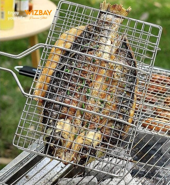 WizBay Premium Select® Barbecue rooster Grill Klem - Vis - Vlees - Groente - Visgrill - BBQ Rooster - Chroom en Hout Extra Groot 34.5x58cm