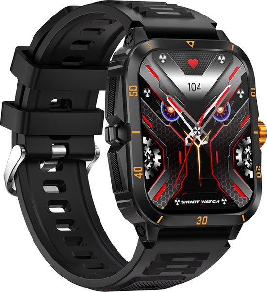 WizBay Premium Select® Outdoor Smartwatch - 1,96 Inch HD Scherm - Bluetooth Bellen - 3ATM Waterdicht - Hartslag Zuurstof Slaap - 100+ Sportstanden - 430mAh - Zwart Oranje Case
