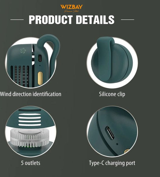 WizBay Premium Select® USB Oplaadbare Zomer Clip-On Mini Cooling Ventilator - 360° Links of Rechts Instelbaar Fan - 3 Standen - Aircooler - Groen
