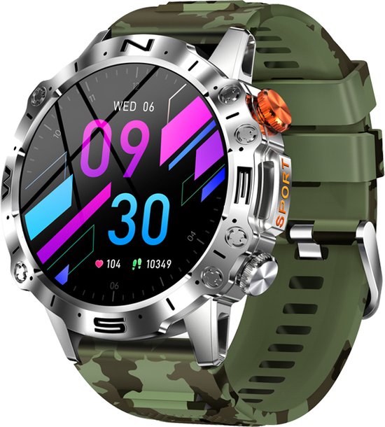 WizBay Premium Select® 1.43inch Smartwatch Dames Heren AMOLED - Android en iOS - Bellen - Magnetic Laden - Slaap Hart Monitor - O2 en Bloeddrukmeter - 100+ Sport Modi - Message - Alu Mat Zilver Case - Smartwatches - Grijs Groen TPU Band