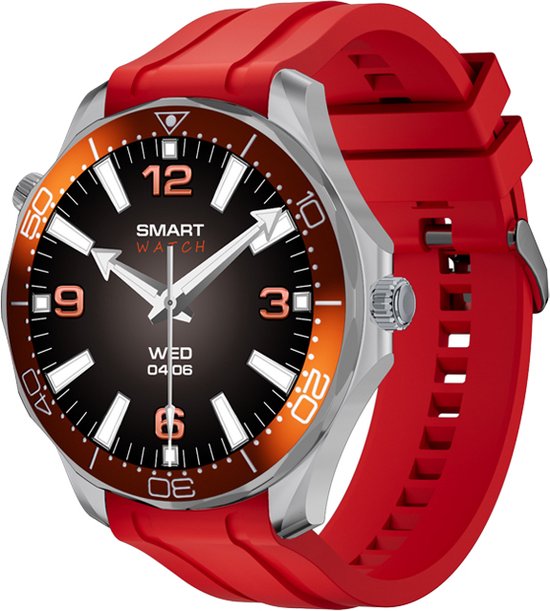 WizBay Premium Select® 1.53 inch HD TFT - Bluetooth Bellen - Message - Dynamic Hartslag & Slaap Monitor - Bloeddruk & Bloedzuurstofmeting - 100+ Sport Modi - 400mAh - Wireless Laden - Zilveren Case - RVS Zilver Band met Extra Oranje TPU Band