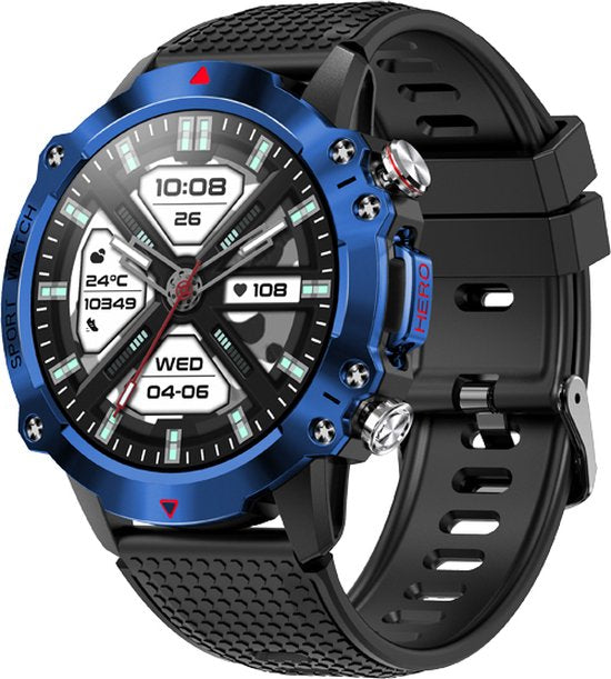 WizBay Premium Select® 1.39inch Sport Smartwatch Dames Heren TFT - Android en iOS - Bellen - Magnetic Laden - Slaap Hart Monitor - O2 Bloeddrukmeter - Sport Modi - Message - Smartwatches - Allu Mat Zwarte Case Blauwe Allu Rim - Zwarte TPU Band