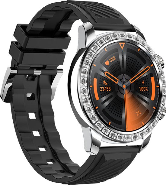 WizBay Premium Select® Smartwatch 1.52 Inch AMOLED - Bellen - Wireless Charging - Kompas - Hartslag O2 en Bloeddruk - Multi Sport - Zilver - Zwart Lederen Band extra Zwarte TPU Band