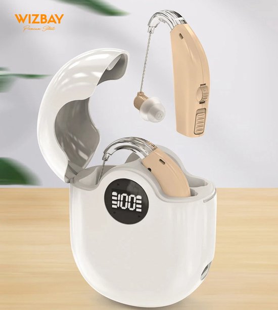 WizBay Premium Select® 2x 16-Kanaals DSP Digitaal Gehoorapparaat – AHO Achter Het Oor – Geluid Reductie - Noise Reduction – Easy Click – Oplaadbare LED L/R Box – Gehoorversterker - Beige