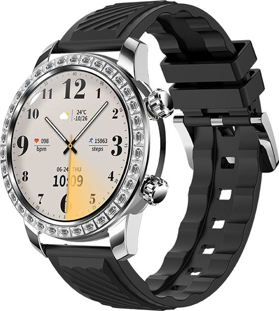 WizBay Premium Select® Smartwatch 1.52 Inch AMOLED - Bellen - Wireless Charging - Kompas - Hartslag O2 en Bloeddruk - Multi Sport - Zilver - Zwart Lederen Band extra Zwarte TPU Band