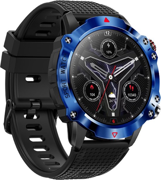 WizBay Premium Select® 1.39inch Sport Smartwatch Dames Heren TFT - Android en iOS - Bellen - Magnetic Laden - Slaap Hart Monitor - O2 Bloeddrukmeter - Sport Modi - Message - Smartwatches - Allu Mat Zwarte Case Blauwe Allu Rim - Zwarte TPU Band