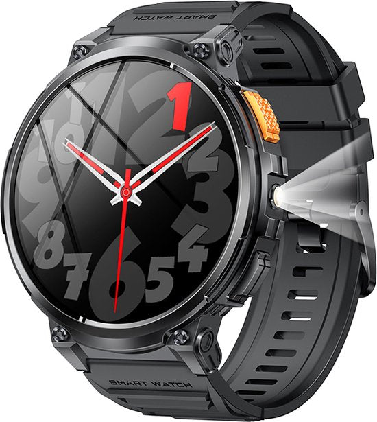 WizBay Premium Select® 1.83inch HD TFT - Bellen AI Voice - Message - Hartslag & Slaap Monitor - Bloeddruk & O2 - 100+ Sport Modi - LED Zaklamp - 730mAh - Magnetic Laden - Zinc Alloy Zwarte Case - Zwarte TPU Band
