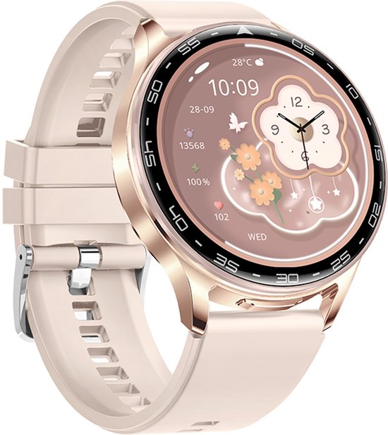 WizBay Premium Select® 1.39inch 2in1 Sport Smartwatch Dames Heren MP3 Player met EARBUDS - 300Ah Watch - 25mAh Earbuds - Bluetooth Bellen - AI Voice - O2 Bloeddrukmeter Multi Sport Modes - Android iOS - Goud met Roze Siliconen Band