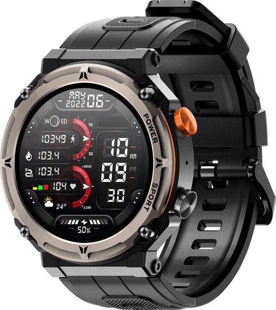 WizBay Premium Select® Smartwatch 1.39 inch - Bluetooth Bellen - Hartslag en Zuurstofmeting - Slaapmonitor - Sportmodi - AI Voice - IP67 - Mat Grijze RVS Kast - Zwarte TPU Band