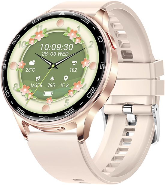 WizBay Premium Select® 1.39inch 2in1 Sport Smartwatch Dames Heren MP3 Player met EARBUDS - 300Ah Watch - 25mAh Earbuds - Bluetooth Bellen - AI Voice - O2 Bloeddrukmeter Multi Sport Modes - Android iOS - Goud met Roze Siliconen Band
