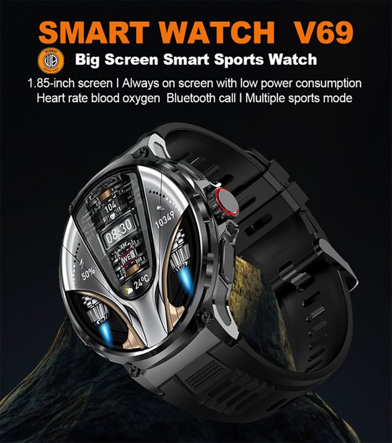 WizBay Premium Select® Sport Smartwatch 1.85 inch - Bluetooth Bellen - Hartslag en Zuurstofmeting - Slaapmonitor - 100+ Sportmodi - IP67 - Zilverkleurige Kast - Grijze TPU Band