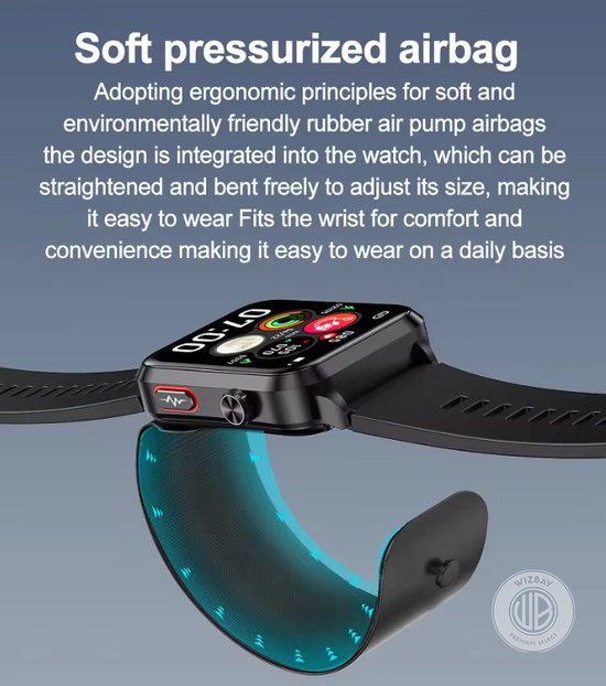 WizBay Premium Select® Smartwatch Dames Heren 1.92inch - Glucose Meting - Airbag Blooddruk - ECG - Urinezuur Bloedlipiden Meting - O2 - Multiple Sport Modi - Message - Alu Mat Zwart Case - Smartwatches - Zwarte TPU Band
