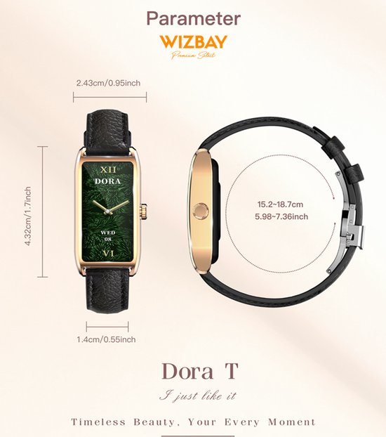 WizBay Premium Select® 1.13 Inch AMOLED Smartwatch Zwart met Donker Bruin Leren Band – Hartslag, Bloeddruk SpO₂ Monitoring – Fitness Tracker – Elegant Vierkant Design – Android iOS