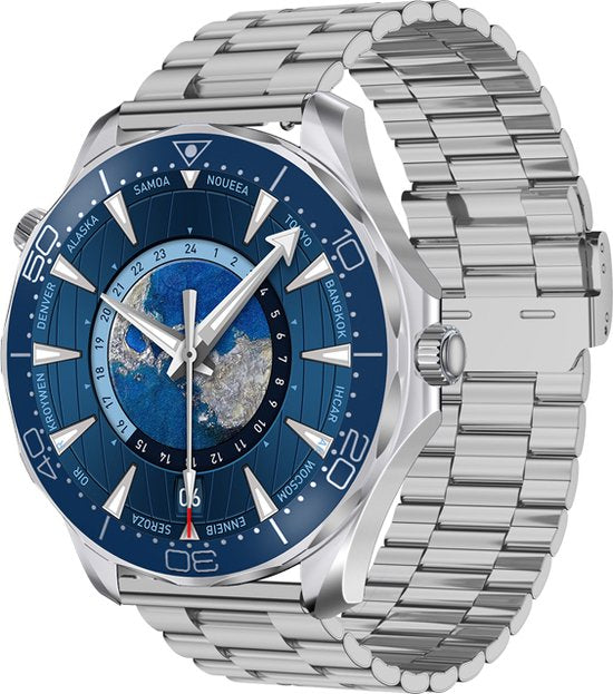 WizBay Premium Select® 1.53 inch HD TFT - Bluetooth Bellen - Message - Dynamic Hartslag & Slaap Monitor - Bloeddruk & Bloedzuurstofmeting - 100+ Sport Modi - 400mAh - Wireless Laden - Zilveren Case - RVS Zilver Band met Extra Blauwe TPU Band
