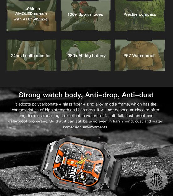 WizBay Premium Select® 1.96 inch AMOLED - Kompas - Bluetooth Bellen - Message - Dynamic Hartslag & Slaap Monitor - Bloeddruk & O2 - 100+ Sport Modi - 650mAh - Magnetic Laden - Zink Alloy Mat Zilveren Kast - Oranje TPU Band