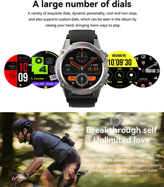WizBay Premium Select® 1,45 Inch Smartwatch - Bluetooth Bellen - Hartslag Zuurstof - IP67 Waterdicht - Sportmodi - 280mAh - Zilver Zwart Extra Grijs Siliconen Band