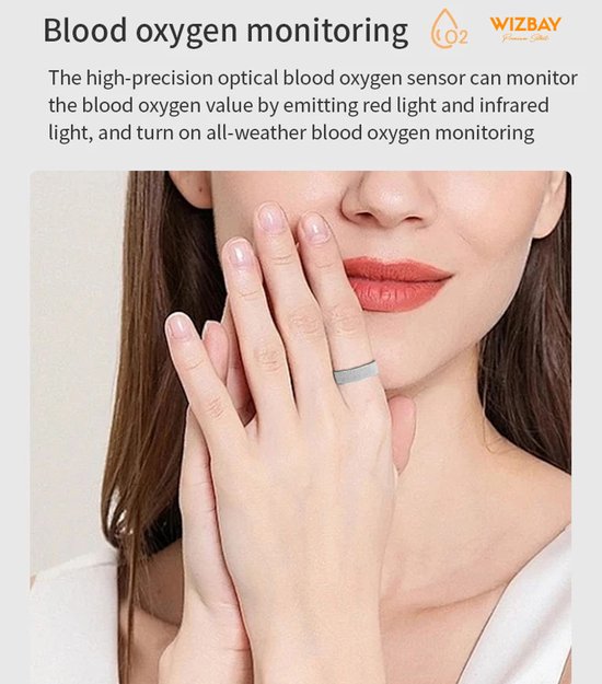 WizBay Premium Select® Zwarte FrostLook Smart Ring Dames Heren - Oplaad Case - Hypoallergeen - Hartslag & Slaap Monitor - IP68 Waterdicht - O2 Meting - Gesture Functie - Multiple Sport Modi - #8
