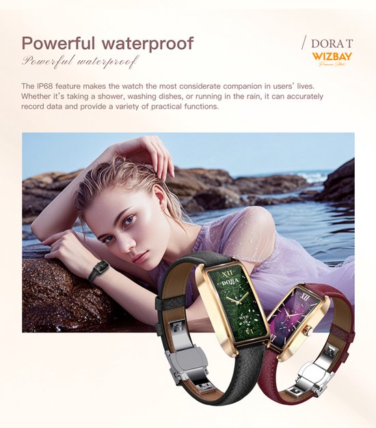 WizBay Premium Select® 1.13 Inch AMOLED Smartwatch Goud met Donker Bruin Leren Band – Hartslag, Bloeddruk SpO₂ Monitoring – Fitness Tracker – Elegant Vierkant Design – Android iOS
