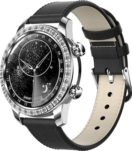 WizBay Premium Select® Smartwatch 1.52 Inch AMOLED - Bellen - Wireless Charging - Kompas - Hartslag O2 en Bloeddruk - Multi Sport - Zilver - Zwart Lederen Band extra Zwarte TPU Band
