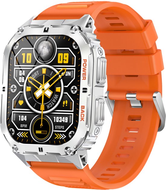 WizBay Premium Select® 1.96 inch AMOLED - Kompas - Bluetooth Bellen - Message - Dynamic Hartslag & Slaap Monitor - Bloeddruk & O2 - 100+ Sport Modi - 650mAh - Magnetic Laden - Zink Alloy Mat Zilveren Kast - Oranje TPU Band