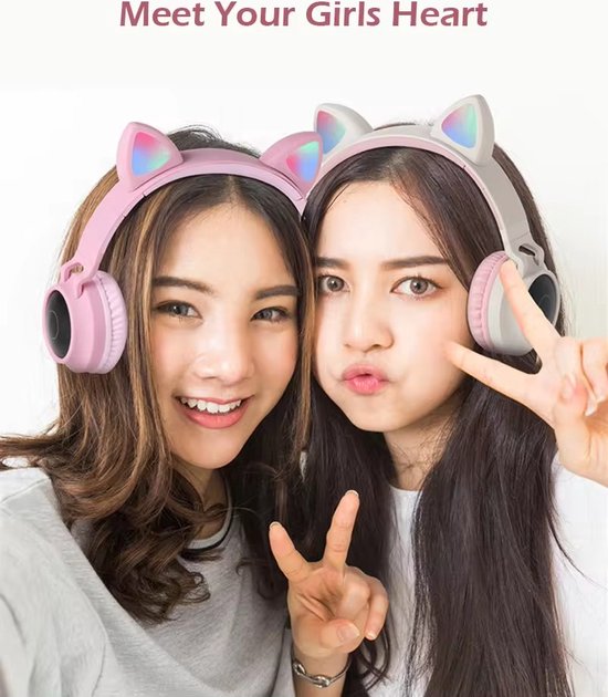 WizBay Premium Select® CAT Ear KIDS LED Headset met Microfoon - LED op de Buitenkant - HD Bluetooth Phone Call - Ingebouwde Microfoon - SD Card - Verstelbare Hoofdband - Soft Zuurstof doorlatend Ear Pads - Kleur Grijs Buitenkant Roze Binnenkant