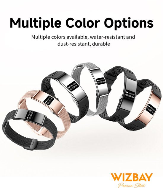 WizBay Premium Select® Smart Bracelet 2026 - Ultradun 2,8 mm - Hartslag en SpO2 - Slaapmonitor - 5ATM Waterdicht - Fitness Tracker - IPS Screen - Android en iOS - Zilver - Siliconen band Zwart Gewoven en Siliconen Band Zwart