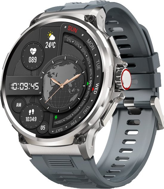 WizBay Premium Select® Sport Smartwatch 1.85 inch - Bluetooth Bellen - Hartslag en Zuurstofmeting - Slaapmonitor - 100+ Sportmodi - IP67 - Zilverkleurige Kast - Grijze TPU Band