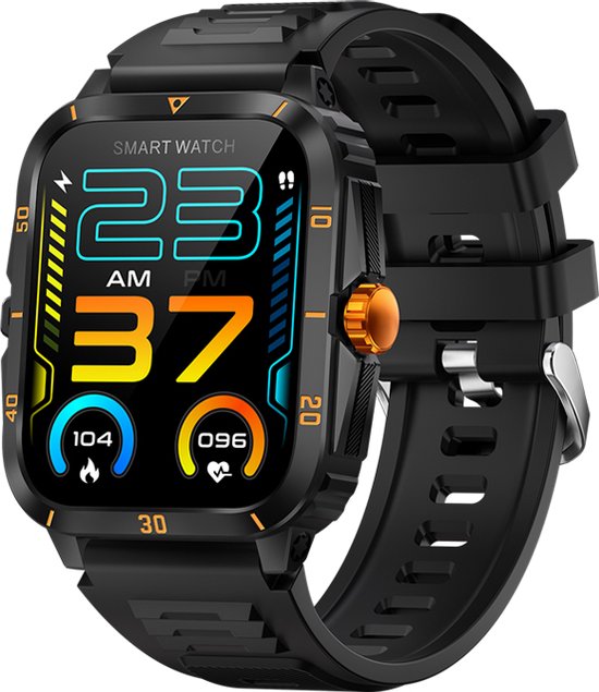 WizBay Premium Select® Outdoor Smartwatch - 1,96 Inch HD Scherm - Bluetooth Bellen - 3ATM Waterdicht - Hartslag Zuurstof Slaap - 100+ Sportstanden - 430mAh - Zwart Oranje Case
