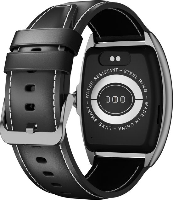 WizBay Premium Select® 2D Curved 1.77inch IPS Screen Elegante Smartwatch Dames Heren AMOLED - Android en iOS - Bluetooth Call - 02 Zuurstof - Dynamic Hartslag & Slaap Monitor - Message - Magnetic Laden - Smartwatches - Zilver Case Zwart Lederen Band