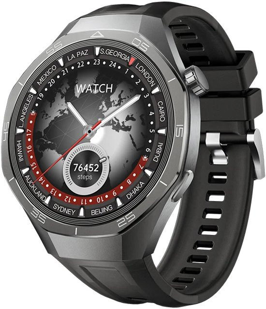 WizBay Premium Select® 1.53 inch TFT Smartwatch Dames Heren - Sapphire Glas - Android en iOS - Bluetooth Call - 02 Zuurstof - Bloedruk - Message - AI Voice - Multiple Sport Modi - Obsidiaan Zwarte Case 2 extra Banden Zwart Leer en Siliconen