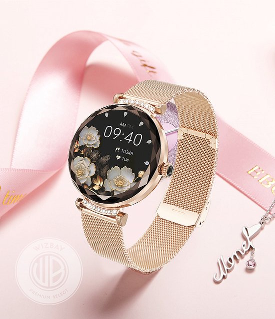 WizBay Premium Select® 1.19inch Smartwatch Dames Heren AMOLED - Android en iOS - Bluetooth Call - Smartwatches - Magnetic Laden - O2 en Bloeddrukmeter - Multiple Sport - Message - Slaap meter - Gold Horlogekast - Gold Band plus Roze TPU Band
