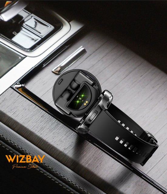 WizBay Premium Select® 2-in-1 Sport Smartwatch met Verborgen Oordopjes - 1,39 Inch - Bluetooth Bellen - Hartslag Bloeddruk Zuurstof - AI Voice - MP3 - IP67 - Zwart