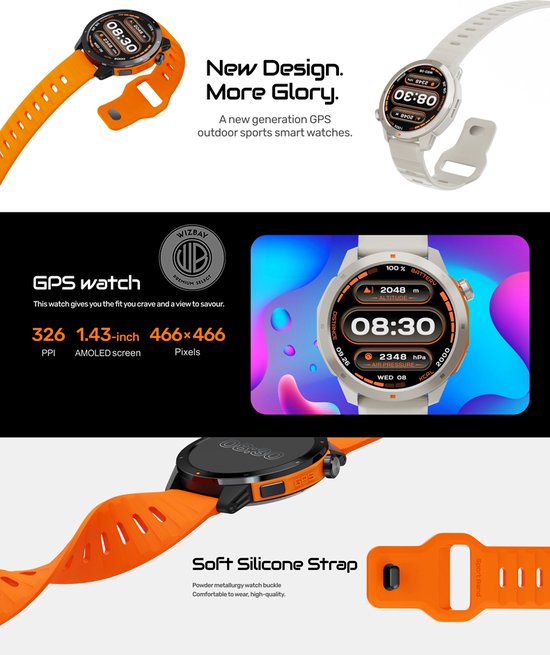 WizBay Premium Select® 1.43inch Amoled Sport Smartwatch Dames Heren - 3ATM Watervast - GPS - Kompas - Bluetooth Bellen - Hartslagmonitor & Slaaptracking - Bloedzuurstofmeting - Stressmeting - Multiple Sport Modi - Smartwatches - Zwart