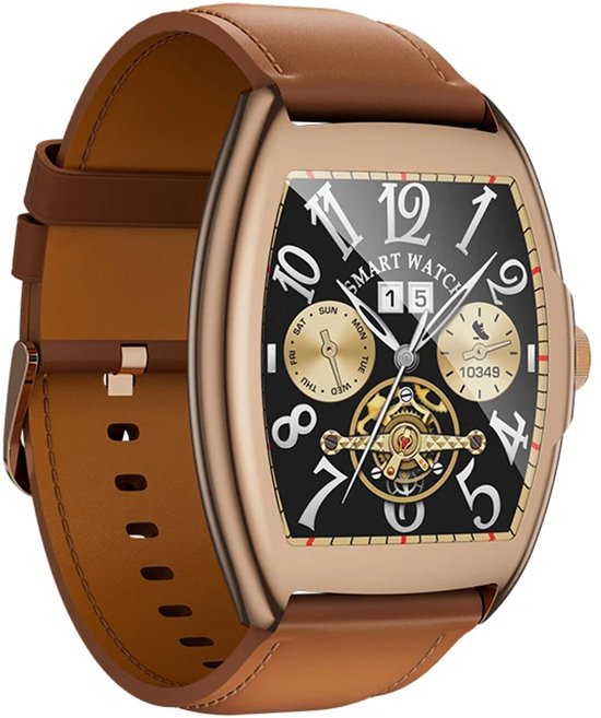 WizBay Premium Select® 2D Curved 1.77inch IPS Screen Elegante Smartwatch Dames Heren AMOLED - Android en iOS - Bluetooth Call - 02 Zuurstof - Dynamic Hartslag & Slaap Monitor - Message - Magnetic Laden - Smartwatches - Goud Bruine Lederen Band