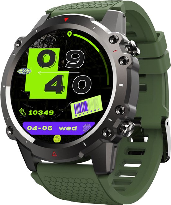 WizBay Premium Select® 1.45inch Sport Smartwatch Dames Heren TFT - Bellen - Magnetic Laden - Slaap Hart Monitor - O2 Bloeddrukmeter - Sport Modi - Message - Alu Mat Zilver Case - Smartwatches - Leger Groen TPU Band - Extra Zwarte TPU Band