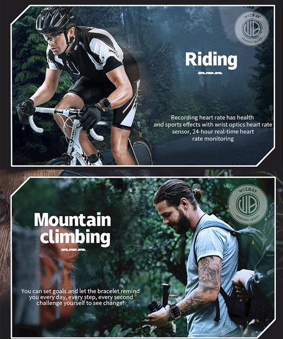 WizBay Premium Select® 2.1 inch AMOLED HD - Kompas Altitude & Barometer - LED Zaklamp - Bluetooth Bellen - Message - Dynamic Hartslag & Slaap Monitor - Bloeddruk & O2 - 100+ Sport Modi - 650mAh - Magnetic Laden - Zink Alloy Zwart Case - Zwart TPU