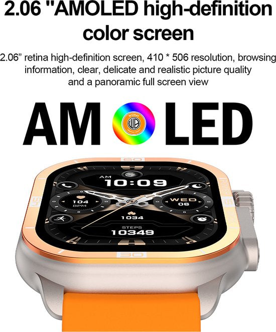 WizBay Premium Select® 2.06 inch AMOLED - Bluetooth Bellen - Message - Dynamic Hartslag & Slaap Monitor - Bloeddruk & O2 - 100+ Sport Modi - 650mAh - Magnetic Laden - Zink Alloy Zwarte Kast - Zwart TPU Band