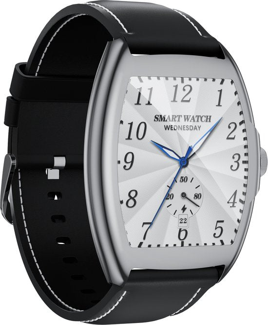 WizBay Premium Select® 2D Curved 1.77inch IPS Screen Elegante Smartwatch Dames Heren AMOLED - Android en iOS - Bluetooth Call - 02 Zuurstof - Dynamic Hartslag & Slaap Monitor - Message - Magnetic Laden - Smartwatches - Zilver Case Zwart Lederen Band